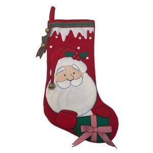 Santa Claus Christmas Stocking Bells Ribbon Red Holiday
